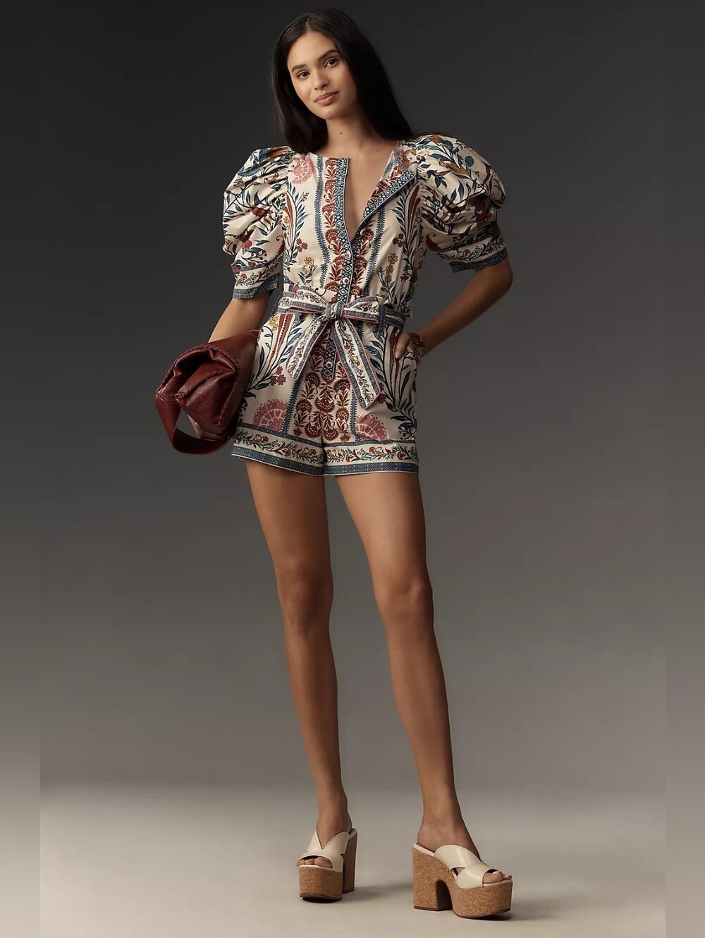 Farm Rio Romantic Lightness Puff-Sleeve Romper Size Small $275